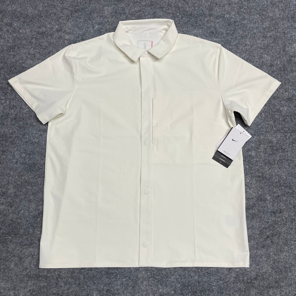 NEW Nike Shirt Men Medium White 24.7 PerfectStretch Short Sleeve Snap HQ6958-133